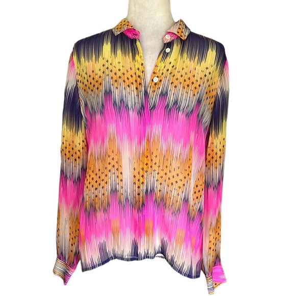 Anthropologie Leifsdottir Sani Silk Colorful Geo Print Semi Sheer Blouse - 10 - Picture 4 of 14